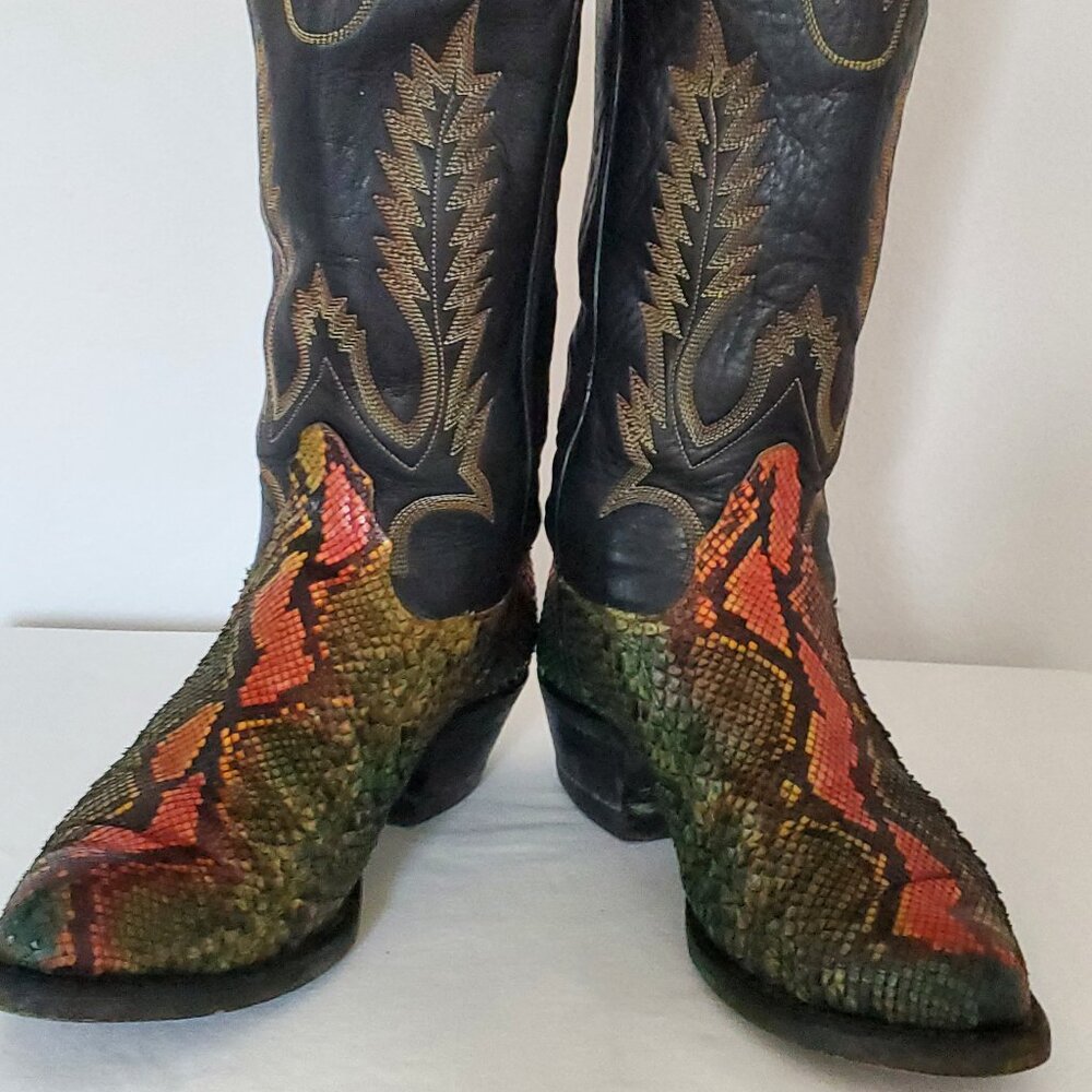 Tony Lama 6 painted anaconda snakeskin black green orange western cowboy boots